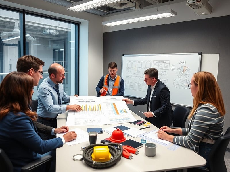 A business team collaborating on a crisis management plan with charts, safety equipment, and a whiteboard in a modern conference room.
