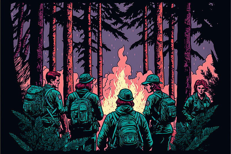 Survivalists in a forest looking at a raging fire, pop art