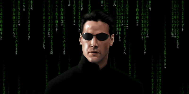 Illustration from the Figmatrix file showing Neo and the Matrix behind him