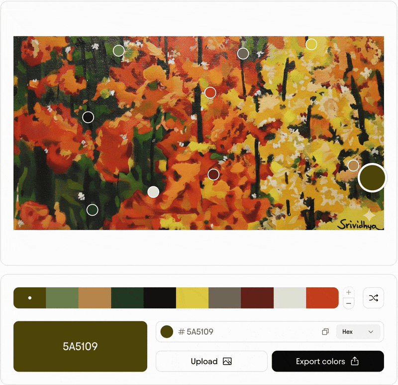 A short video showing a painting of colourful orange, green and yellow trees with a colour picker tool underneath and a palette of several colour swatches pulled from the colours in the painting.