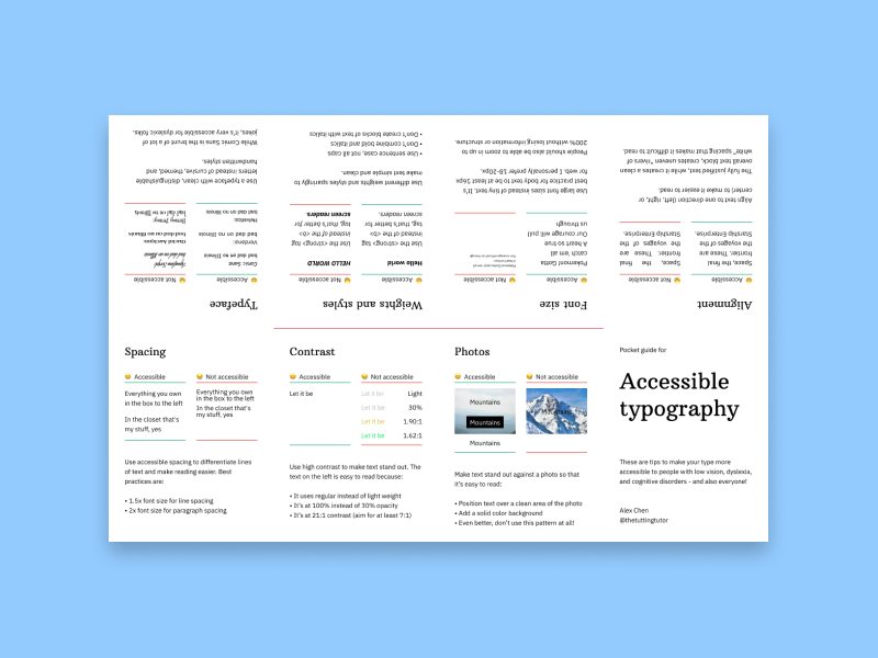 Graphic image of PDF version of “Accessible typography” zine lying flat on a light blue background.