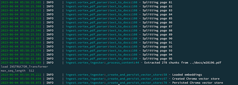 A screenshot of a terminal showing the log messages that were generated during the ingest process.