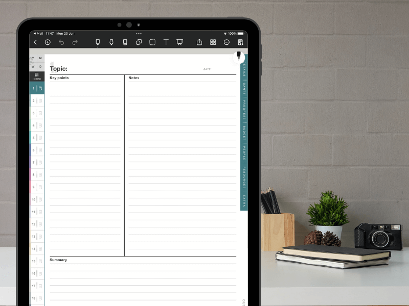 Cornell Notes goodnotes template inside the iPad Pro