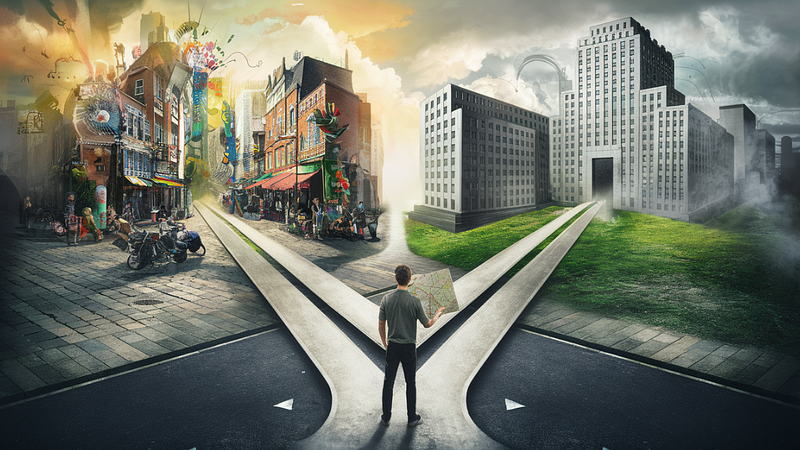 A man stands at a crossroads, with one path leading through a vibrant, colorful art district and the other shrouded in the grey monotony of a corporate office.