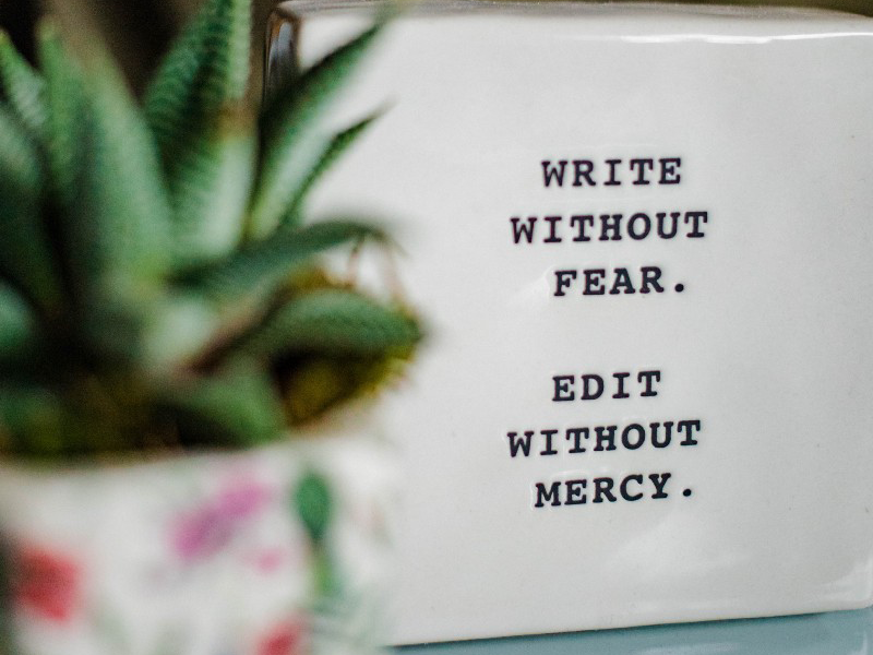 The words ‘Write without fear. Edit without mercy.’ on a white box, behind a plant pot.