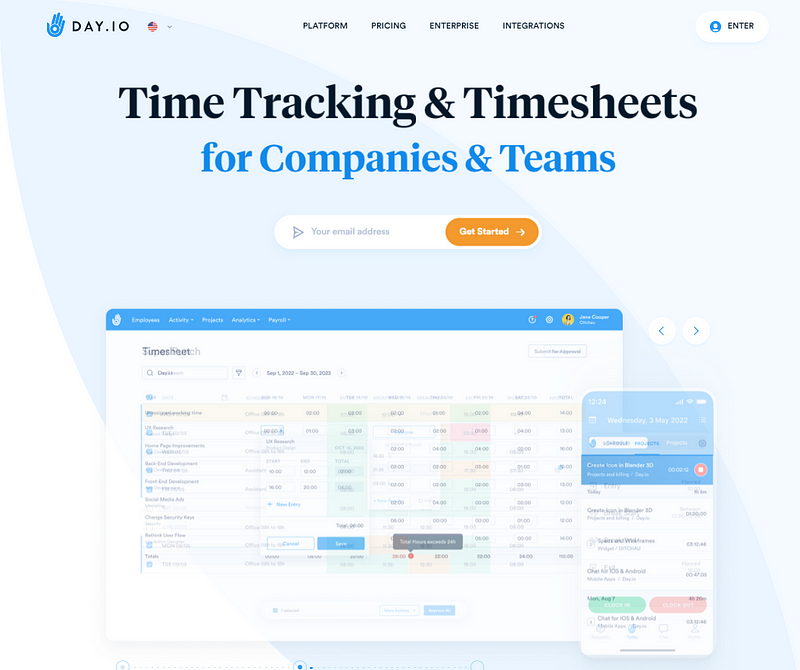 Day.io website homepage for Trello time tracking