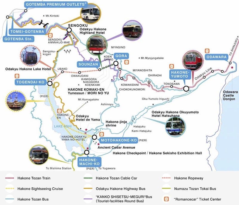 A map of the Hakone hot spring area of Kanagawa Prefecture
