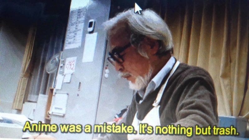 Hayao Miyazaki with a quote saying, “Anime was a mistake. It’s nothing but trash.”