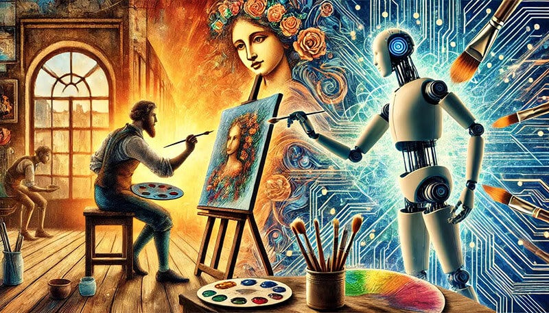 AI Generated Image of a painter on one side and a robot assisting the art production on the other.