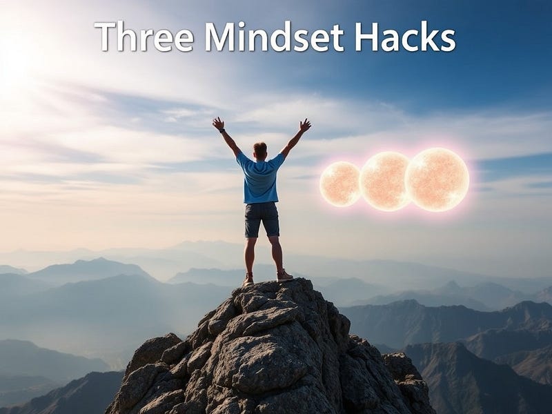 A person standing confidently on a mountain peak, arms raised in triumph, with three glowing orbs floating nearby, representing the three mindset hacks.