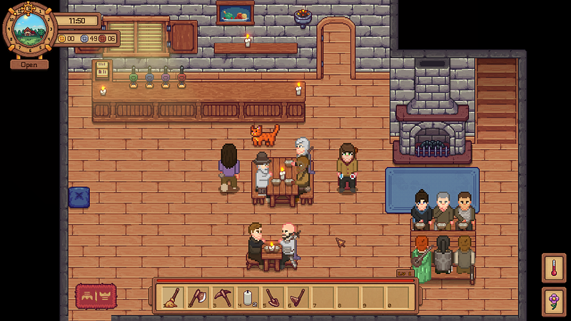 Screenshot of Traveller’s Rest. The interior of the player’s tavern. There are three tables of varying sizes, a blue rug, and a cat bed. The tavern is populated with various NPCs.