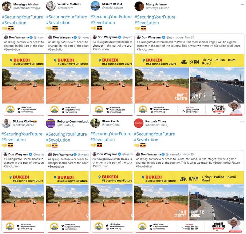 Robusto Communications’ Twitter account was part of a small network that tweeted the same content. (Source: top row, left to right, @AbrahamMwesigye/archive; @WerikheM/archive; @rashid_kakaire/archive; @MercyAsiimwe2/archive; bottom row, left to right, @dickens_okello1/archive; @RobustoUg/archive; @AkechOlivia/archive; @KampalaTimes_/archive)
