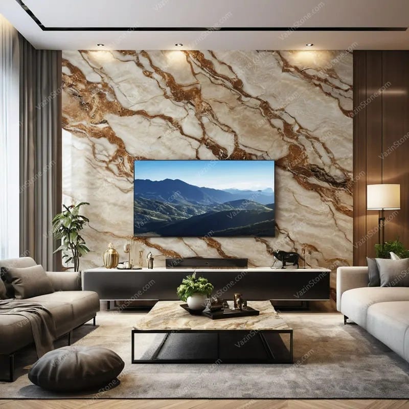 Cream marble slab stone on TV wall