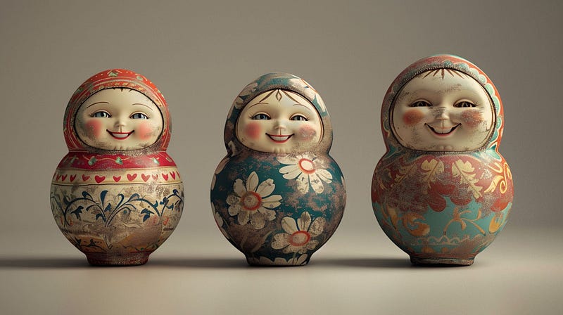 A trio of traditional Russian Matryoshka dolls, each painted with intricate floral patterns and heart motifs in a color palette of red, blue, and gold. The dolls feature cheery, rosy-cheeked faces with smiling eyes, lined up in ascending size order on a neutral background, showcasing the artistry of folk design.
