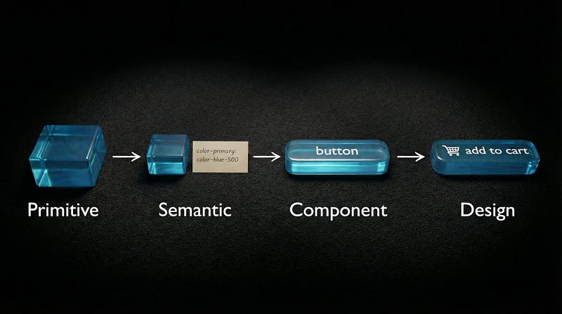 A 3D visual diagram in a transparent glass style showing the chain of values in a design system: Raw, Core, Semantic, and Component, ending with a teal "Add to cart" button.