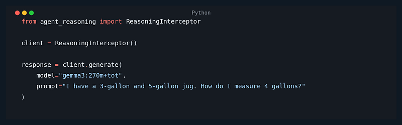 Using ReasoningInterceptor as a drop-in replacement client; strategy routing can be enabled via model name tags (e.g., +tot).