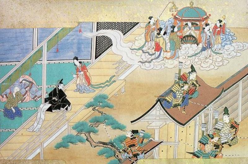 Kaguya-hime departs for the moon with her fellow people who came to claim her