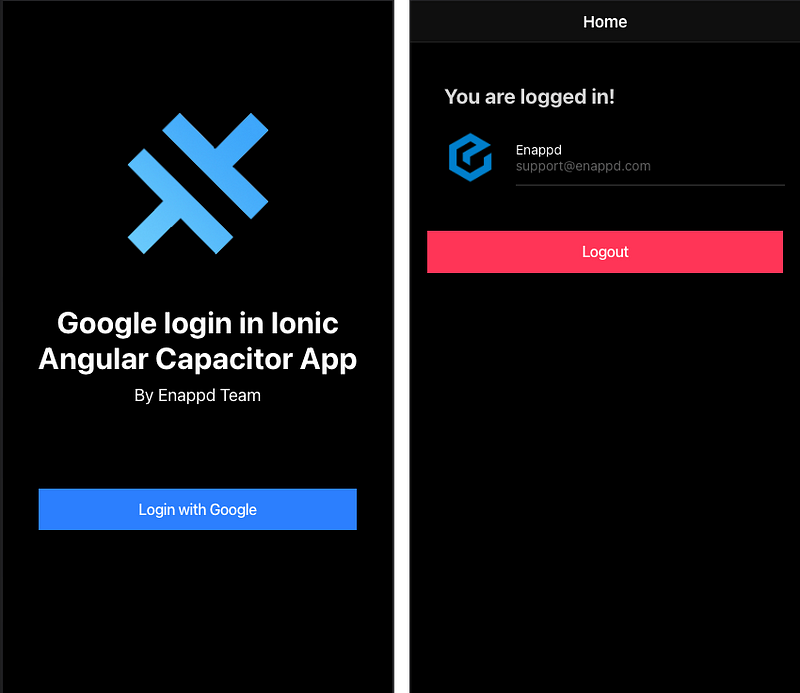 Login and Home page for Ionic Angular Capacitor Google Login demo app