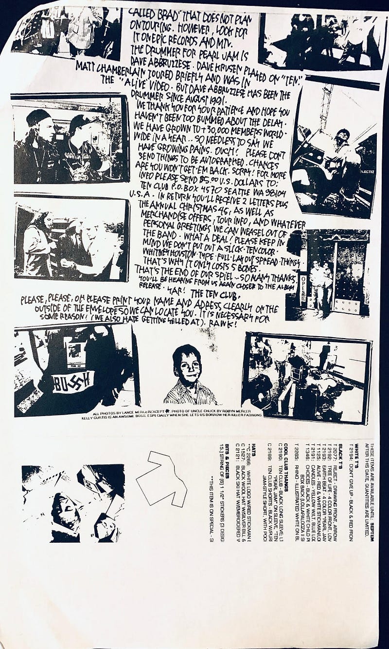 Pearl Jam fan club letter from 1991