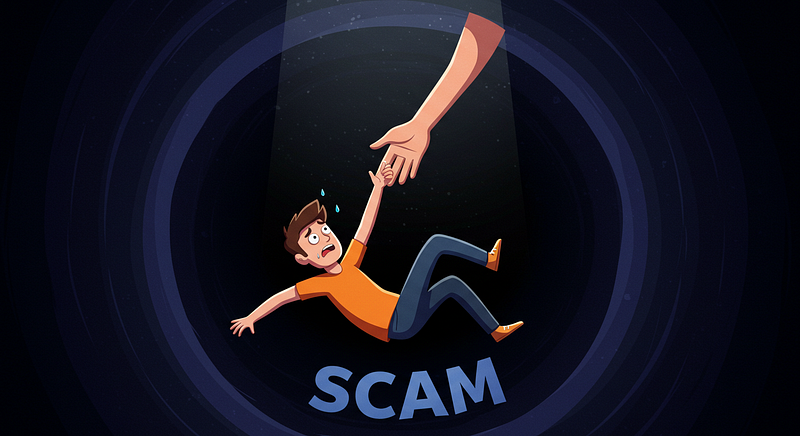 Cartoon of a person being saved from falling into a void labeled ‘SCAM’ by a hand reaching from above.