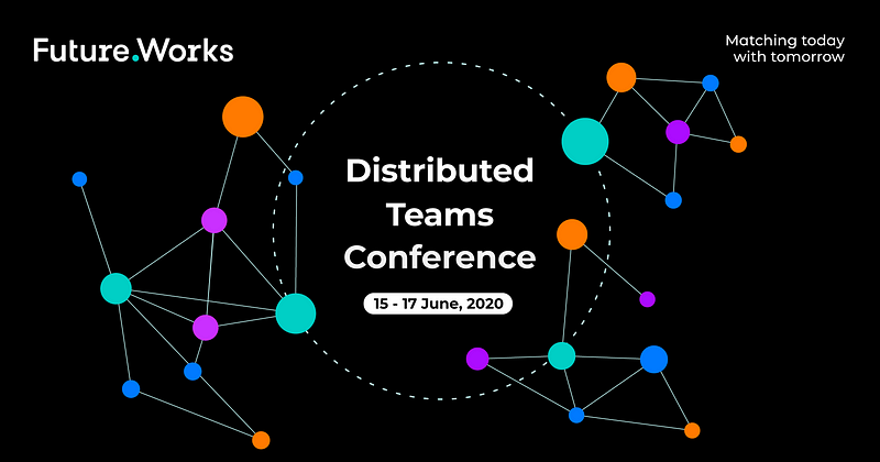 Graphic image with caption "Distributed teams conference"