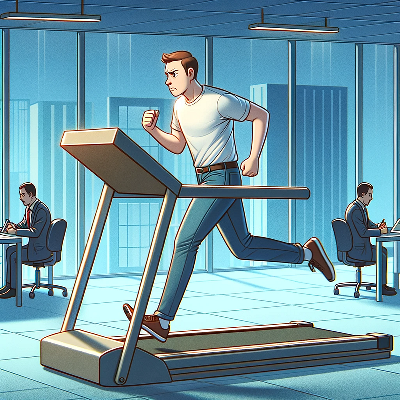 illustration of man running on a treadmill in an office