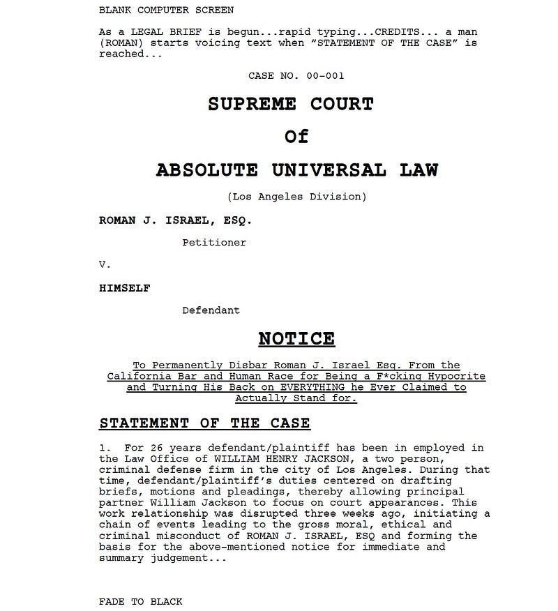 Page One: “Roman J. Israel, Esq.” (2017)
