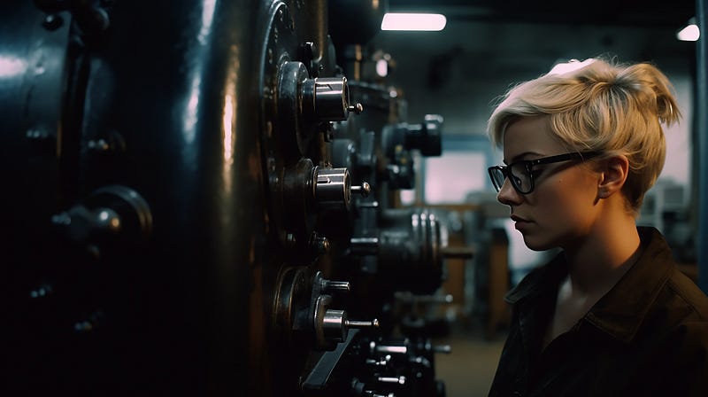 A woman with glasses looking at an classic industrial machine