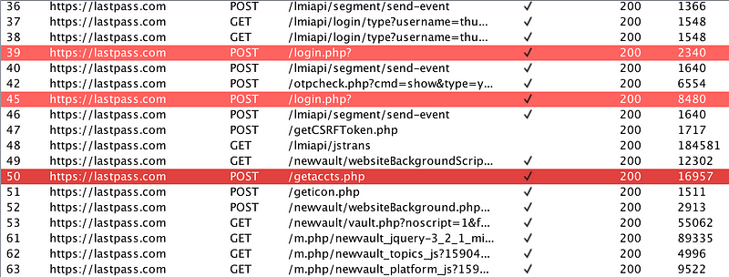 Proxy history of a LastPass log-in and vault decryption