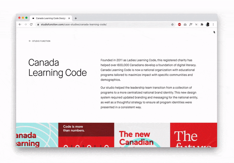 An animated demo of the Canada Learning Code case study in the Studio Function portfolio