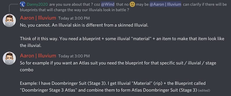 A discord message from Illuvium cofounder Aaron Warwick.