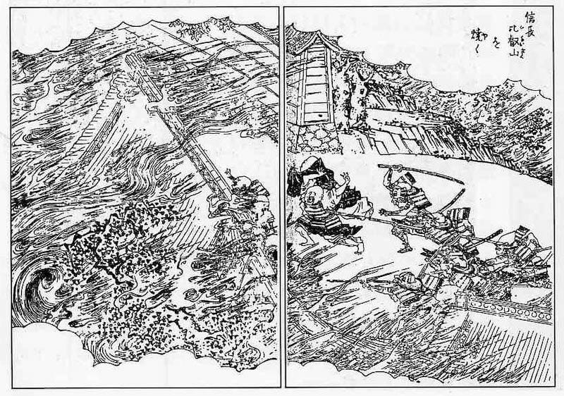 A drawing of Oda Nobunaga’s attack on Mt. Hiei and the Enryaku-ji temple complex.