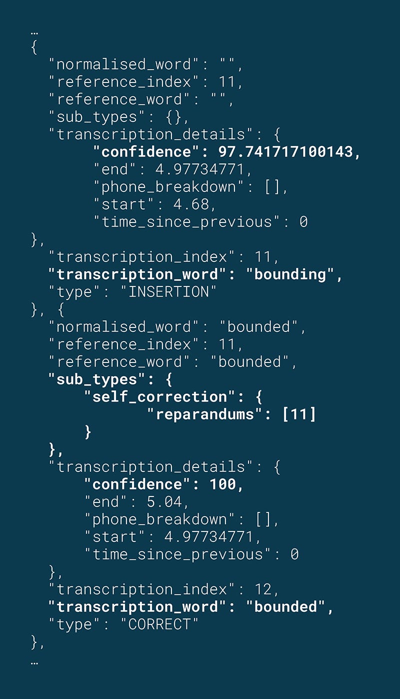 An example JSON excerpt from the SoapBox voice engine of a self-correction data point for the word “bounded.”