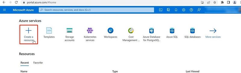 Creating of a resource in Azure portal