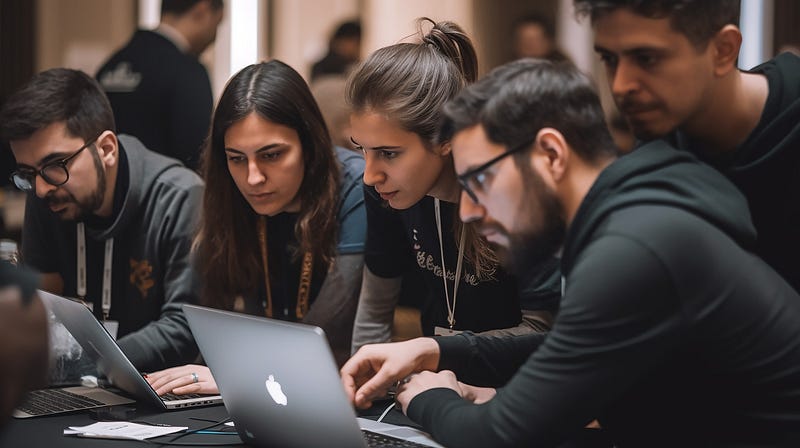 A photo showing 4 developers, two male and two female thatlook and use two laptops.