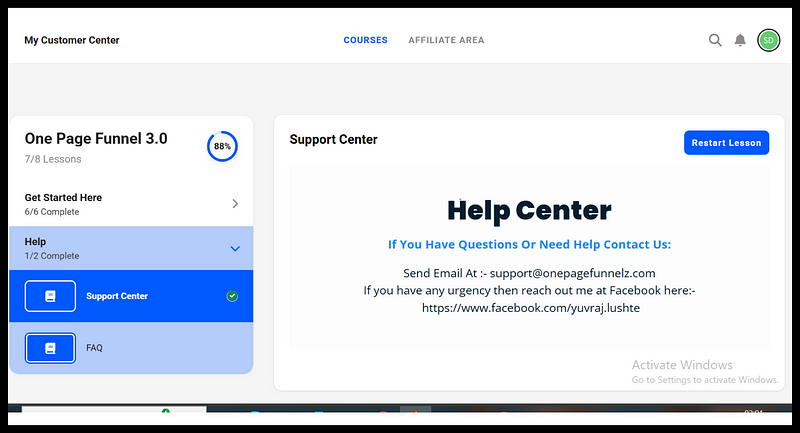 Dashboard showing 88% course completion for ‘One Page Funnel 3.0’ with support contact details.