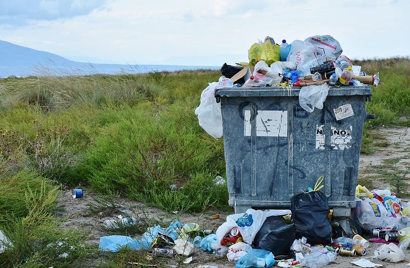 una caneca de basura llena, ubicada en medio de una planicie, rodeada de pasto y la basura se desborda. julian prada