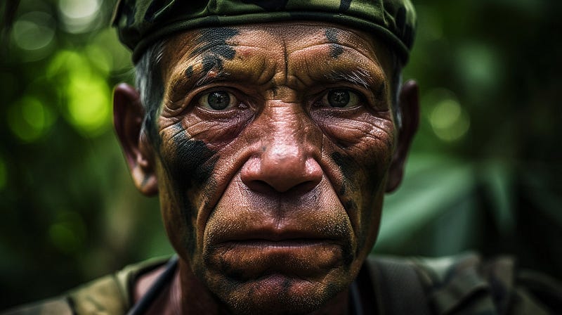 A portrait of a person whose face is camouflaged using make-up in a jungle setting.