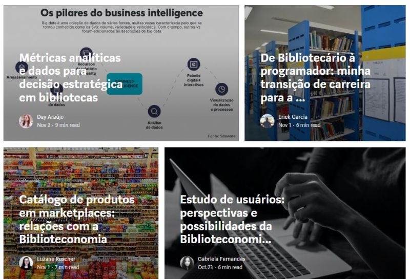 Painel contendo os 4 artigos vencedores do desafio #MediumIABiblioBR, na imagem há a capa, título, data de publicação e nomes dos autores.