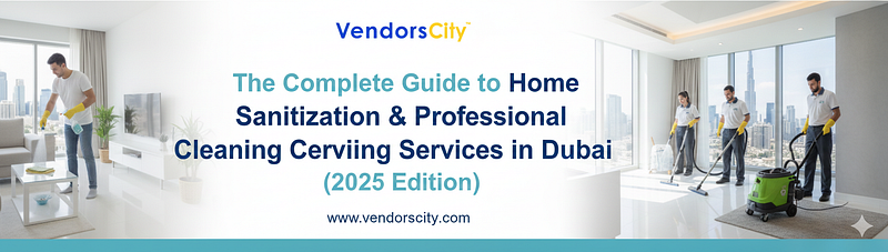 Professional house cleaning and sanitization services in a modern, bright Dubai apartment, featuring a team of cleaners and the VendorsCity logo. Banner for ‘The Complete Guide to Home Sanitization & Professional House Cleaning Services in Dubai (2025 Edition)’.