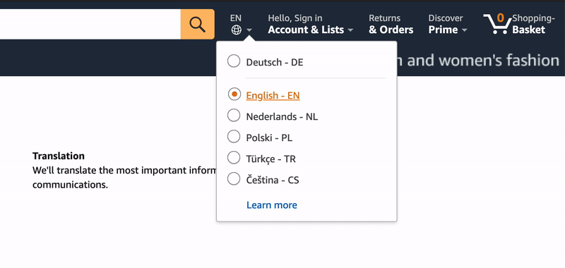 Screen recording showing how Amazon’s language selector dropdown can be used with keyboard only.