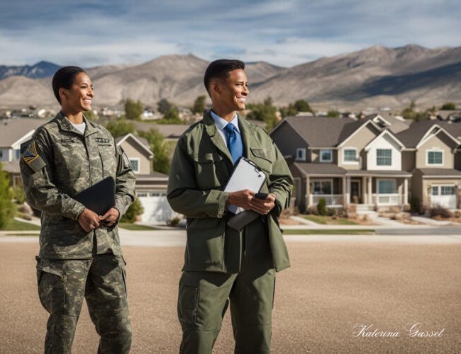 Two licensed real estate agents standing in front of a row of homes with the Utah National Guard Camp Williams visible in the background. Image created by Katerina Gasset, owner and author of the UtahMilitaryRelocation.com website…