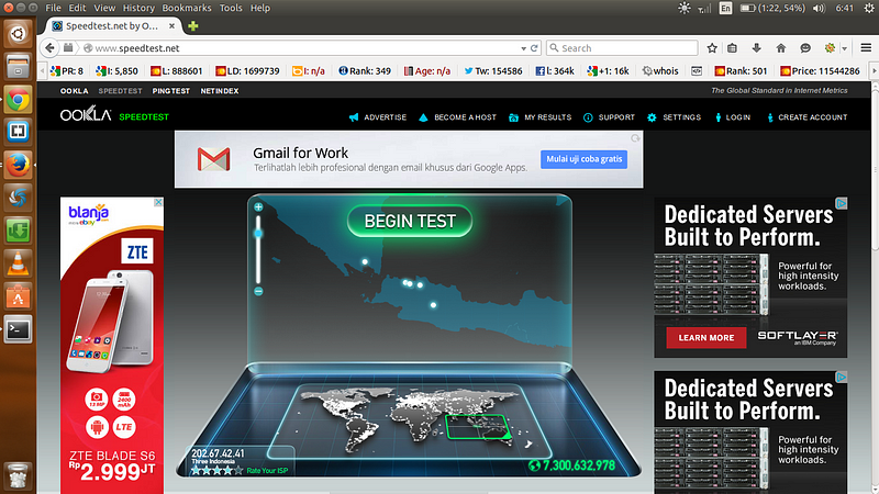 situs speedtest.net untuk mengukur kecepatan unggah (upload) dan unduh (download) dari koneksi internet. 