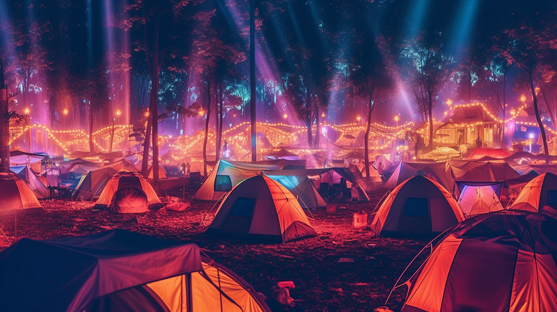Music Festival Lights and Tents in the woods