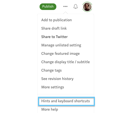 Hints and keyboard shortcuts on Medium