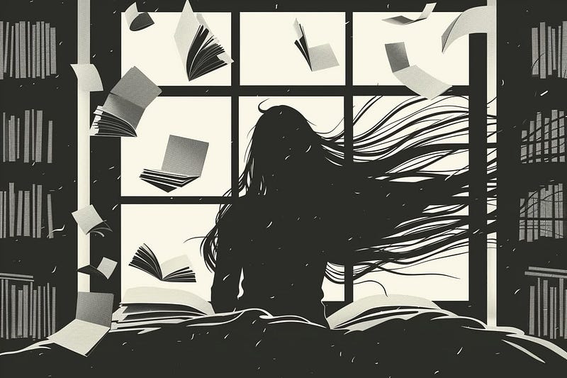 A girl with long black hair sits on a bed in front of a window. Books are scattered around her, and some are flying through t