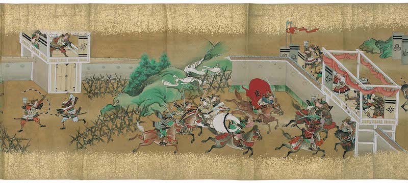 A depiction of Japan’s Genpei War on a folding screen, the conflict that ultimately lead to the destruction of Usa Jingu