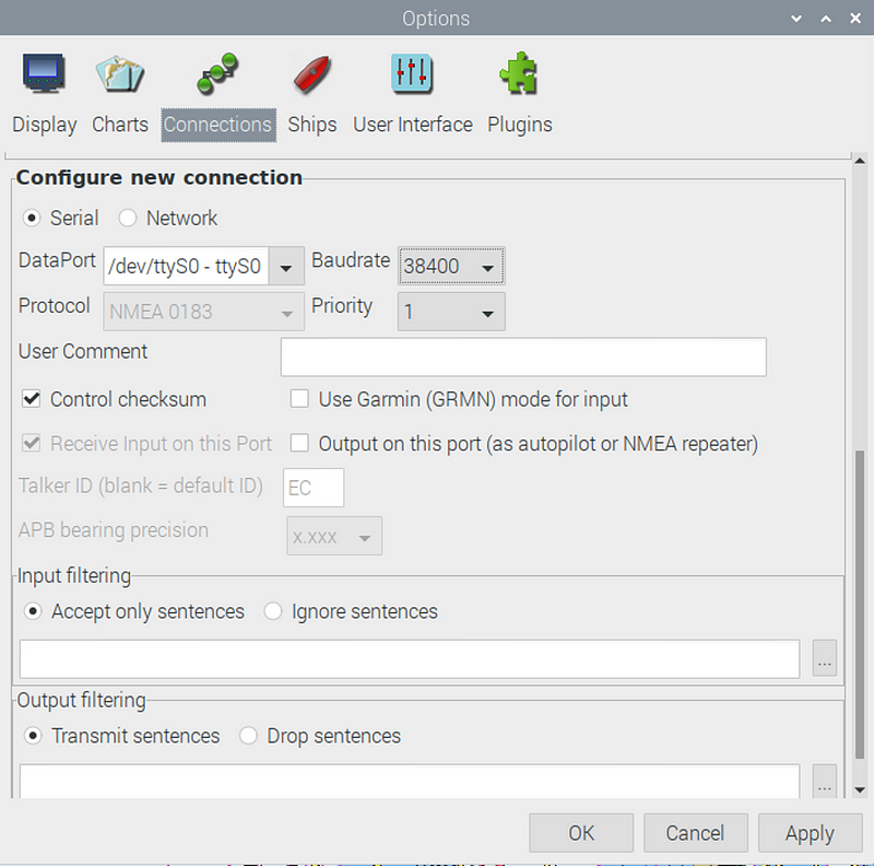 Image shows Serial button selected and settings input