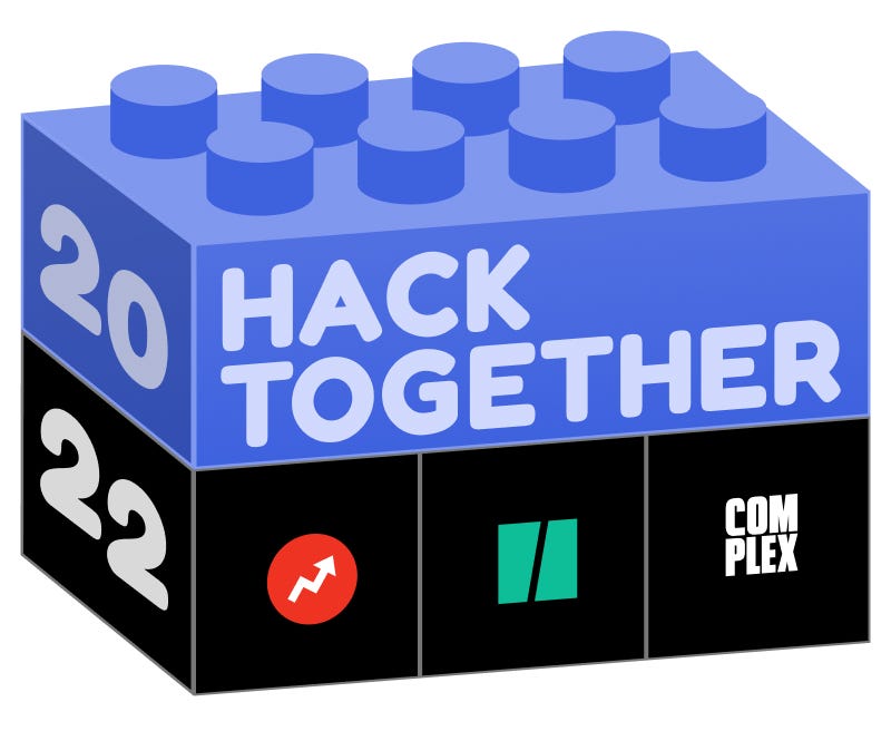 Hack week 2022 logo: a blue lego brick stacked on top of three smaller lego bricks, each of which has a BuzzFeed, Inc. logo on it