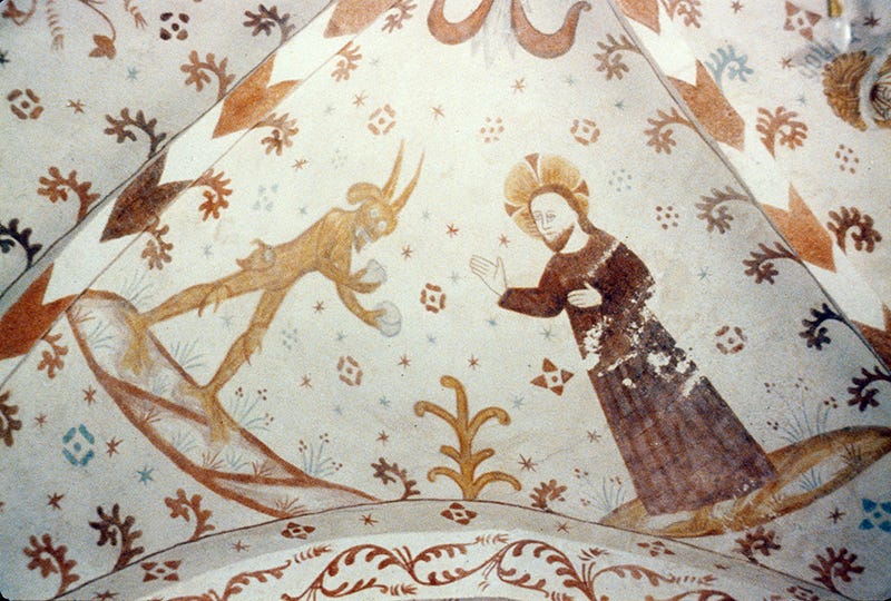 Devil extending stone to Christ in Danish wall painting, 15th century